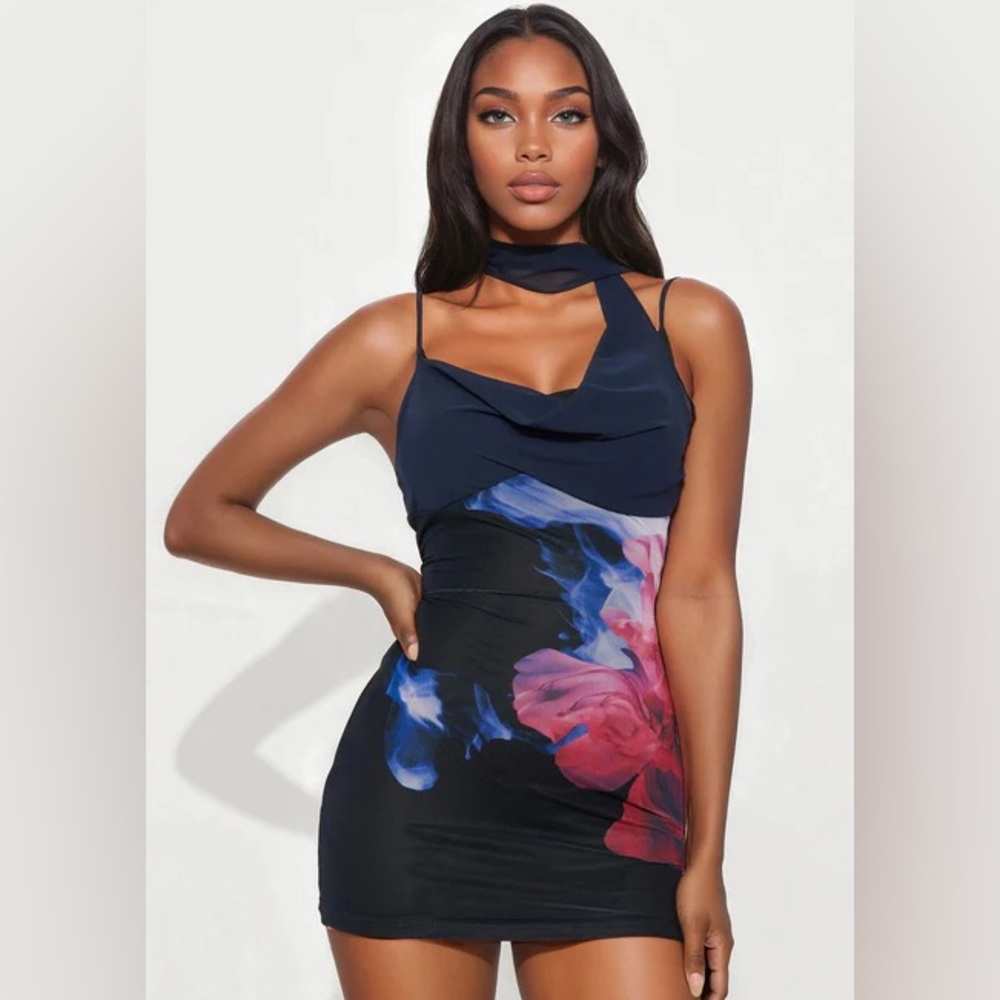 Fashion Nova Navy Blue Mini Dress with Pink & Blue Floral Print